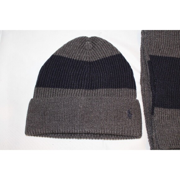 Polo Ralph Lauren Mens Hat Scarf 2 Piece Box Set One Size Gray with Navy Stripe - Picture 2 of 6